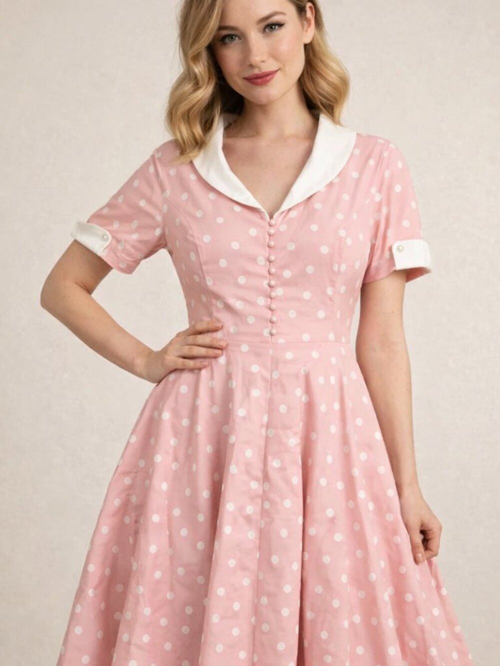 Vintage-Inspired Pink Polka Dot Fit & Flare Dress with White Collar